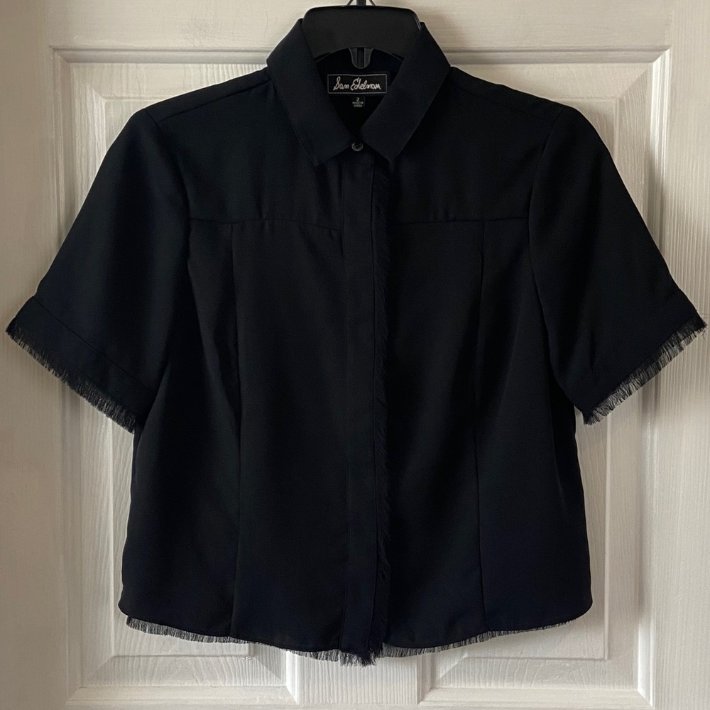Sam Edelman Black Short-Sleeve Blouse with Frayed Trim